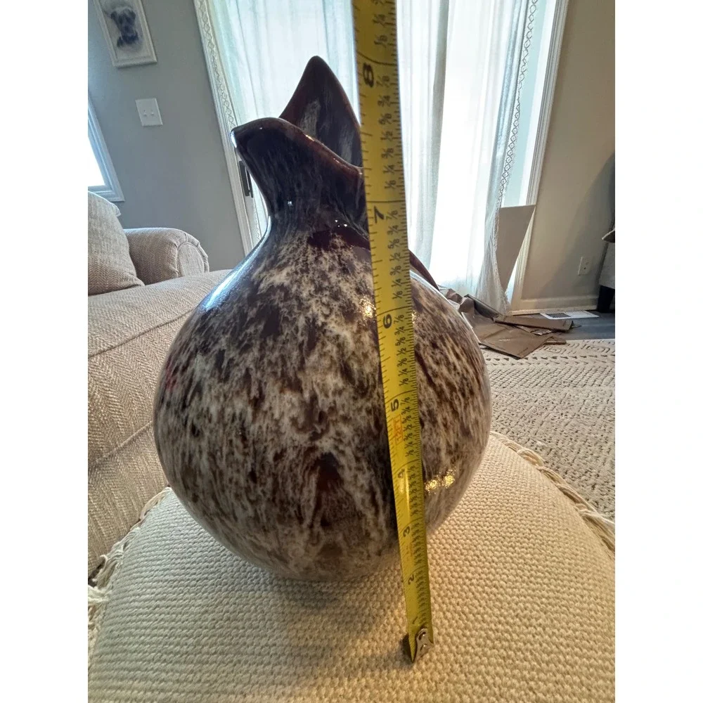 Vintage Studio Pottery Drip Glaze Vase Brown White Mottled Asymmetrical‎ Rim 8